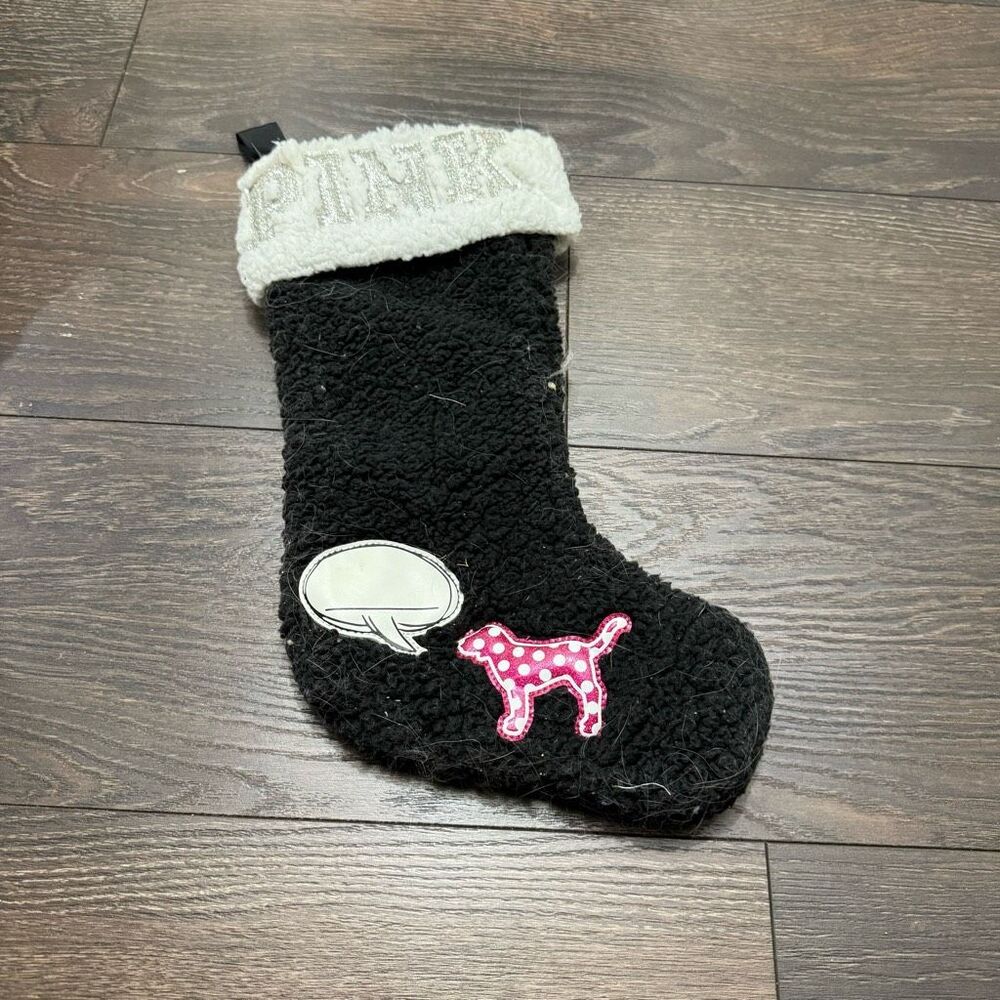 Victoria’s Secret Pink Black Sherpa Stocking Holiday Christmas